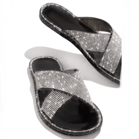 NEW Embellished Criss Cross Jelly Slides in Black - Picture 2 of 6